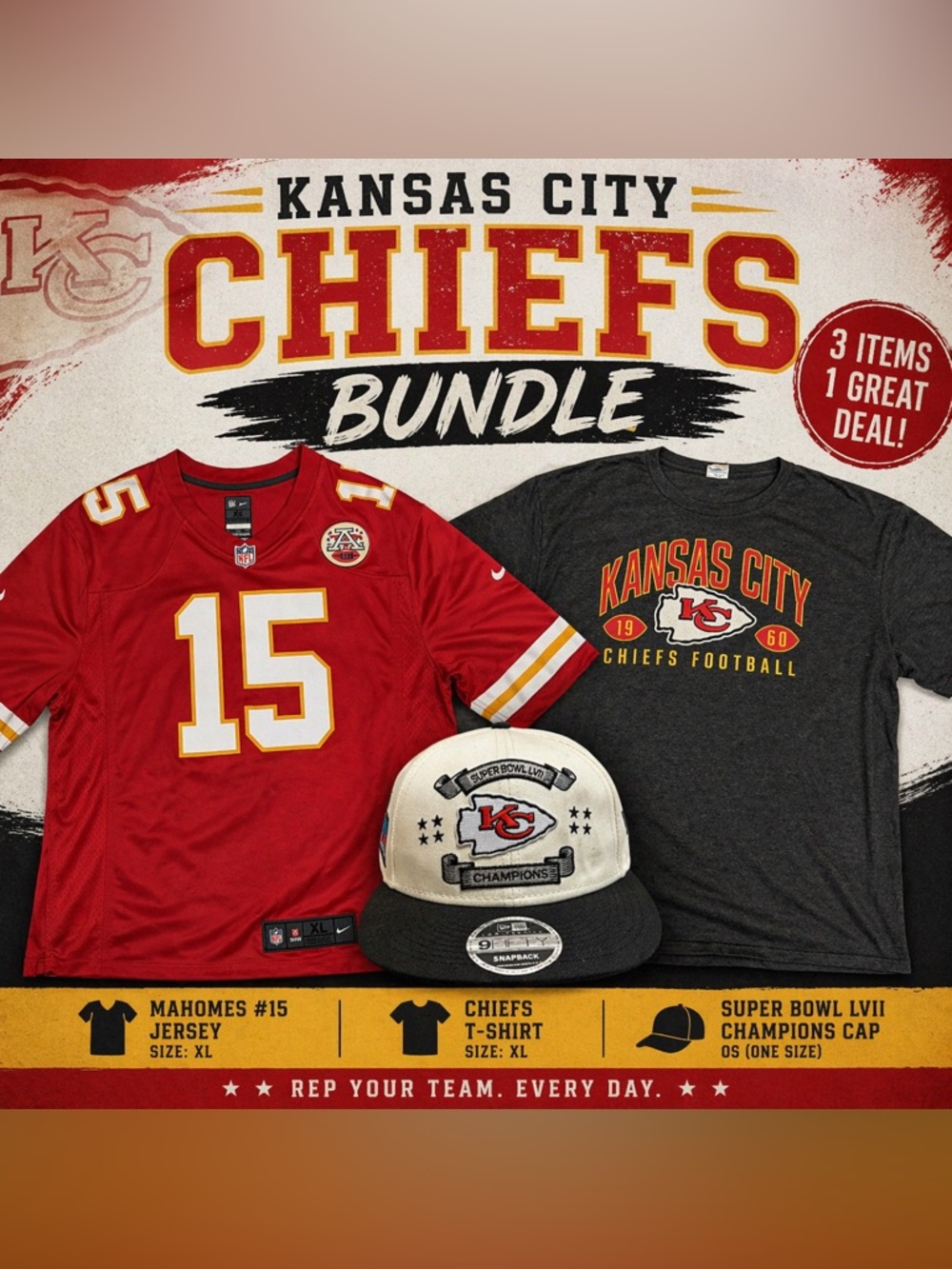 Chiefs Mahomes Jersey + Tee + Snapback Bundle XL NFL